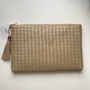 Virginia Wolf Clutch Mimi Woven Vegan Leather Metallic Gold Pouch Zip Tassel NWT